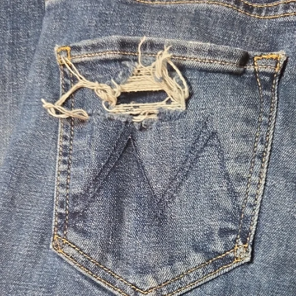 MOTHER Distressed Flare Jeans in Blue - Picture 7 of 13